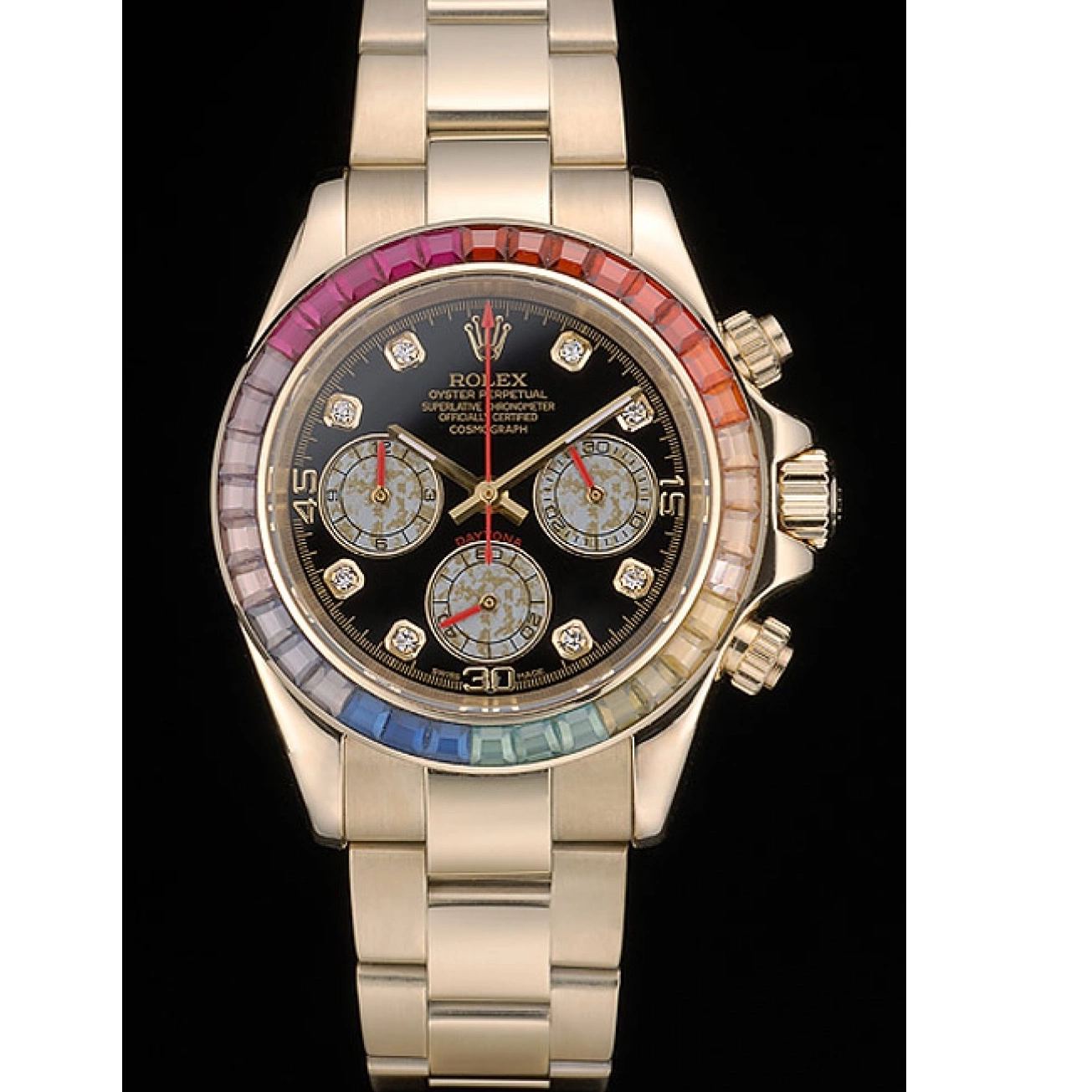 MiroTime 0719 Rolex Daytona Cosmograph Rainbow Crystals Bezel Rose Gold Strap Black Dial 80251